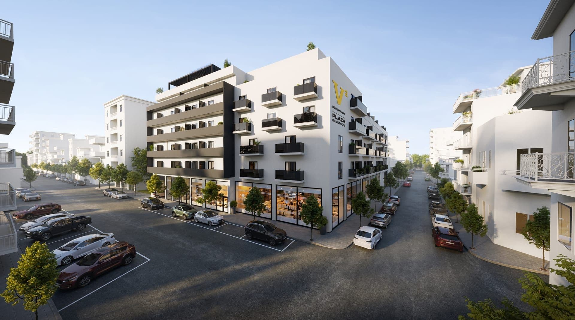 V² Development Plaza — architectural render of the building exterior